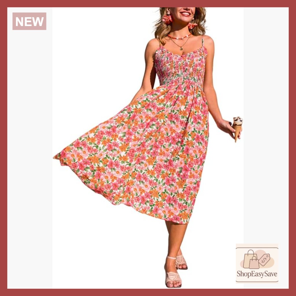 Floral Maxi Dress V Neck Spaghetti Straps Smocked Waist Flowy Elegant Wedding